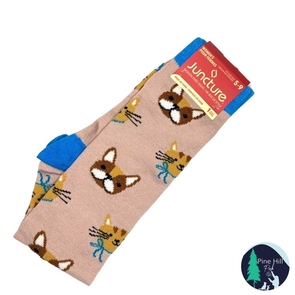 2 PAIR Dog Cat Knee High Socks Womens 5 - 9 Bulldog Puppy Kitten Tan Blue NWT
